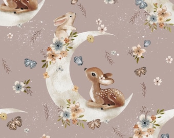 Organic Jersey Children's Fabric, Own Production, Deer/Hare, Mauve | GOTS Certified | Soft Cotton for Children's Clothing | Exclusive Designs