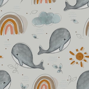 In-house production organic jersey whale gray rainbow 0.5 m children's fabric cotton jersey, girls' fabric, boys' fabric
