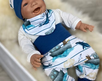 Baby set 56 62 68 74 trousers, hat and triangular scarf, initial equipment, new born set whale, boy bloomers, blue white organic jersey