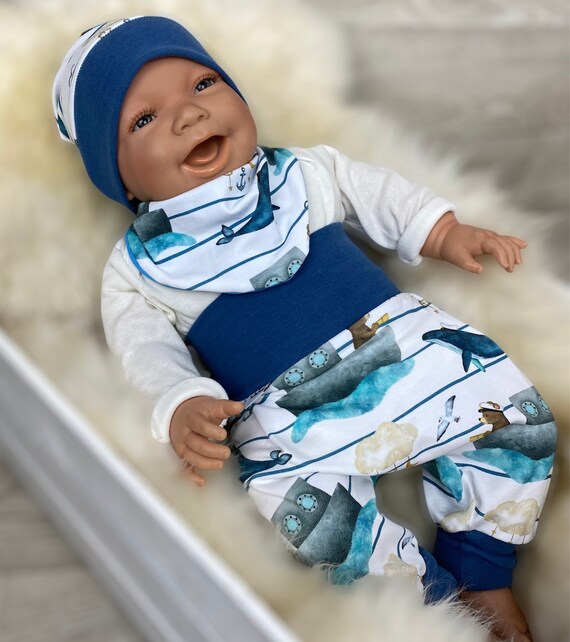 Conjunto bebe 56 62 68 74 pantalon gorro y bufanda triangular equipacion inicial conjunto recien nacido ballena bombacho nino jersey organico azul blanco Etsy Espana