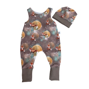 Barboteuse 56 62 68 74 Prince Fox pantalon marron, une pièce, barboteuse bonnet, jersey bio garçon, salopette, ensemble bébé fille, première mise en place