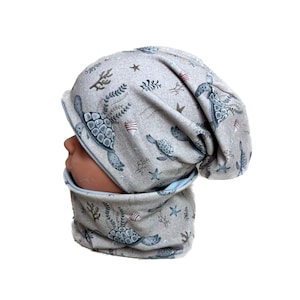 Muts en lussenset, jersey schildpad blauw beige jongens kindermuts, hoedenset meisjes, meisjeshoed