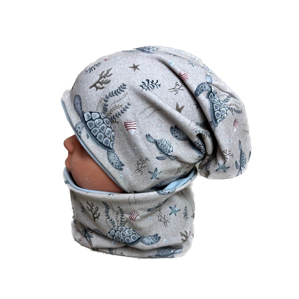 Beanie und Loop Set , Jersey Schildkröte blau beige jungen kindermütze, Mützen Set Mädchen , mädchenmütze