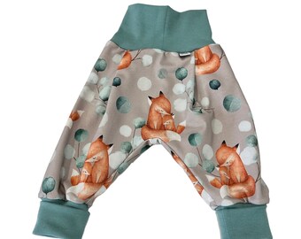 Pantaloni décolleté in jersey organico taglia harem. 56-110, pantaloni ragazza ragazzo eucalipto volpe animali della foresta pantaloni per bambini, pantaloni per bambini