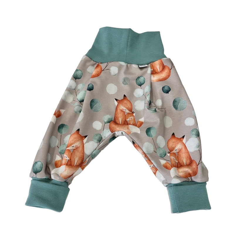 Pantalon pompe en jersey bio taille sarouel. 56-110, pantalons fille garçon eucalyptus renard animaux de la forêt pantalons bébé, pantalons enfants image 1