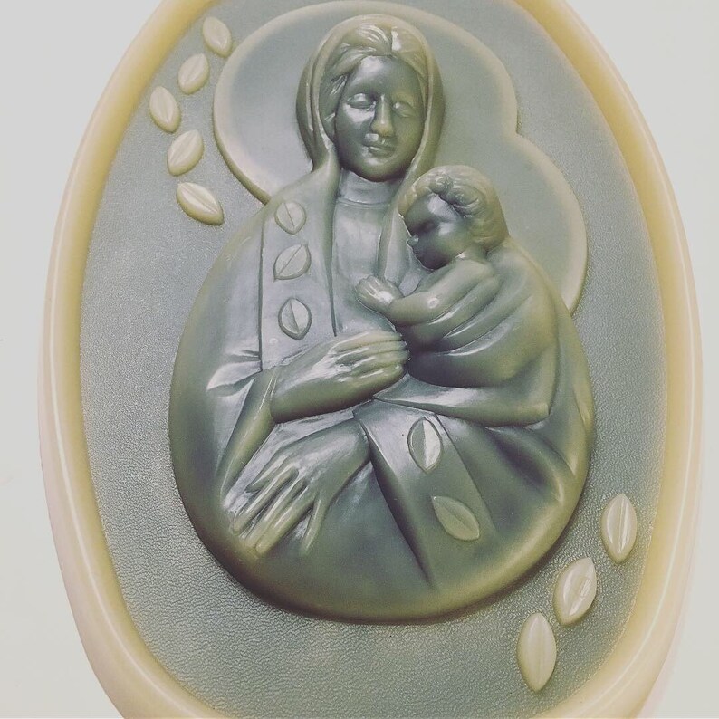 Vintage 50s Frosted Blue & Off-White Plastic Virgin Mary image 1