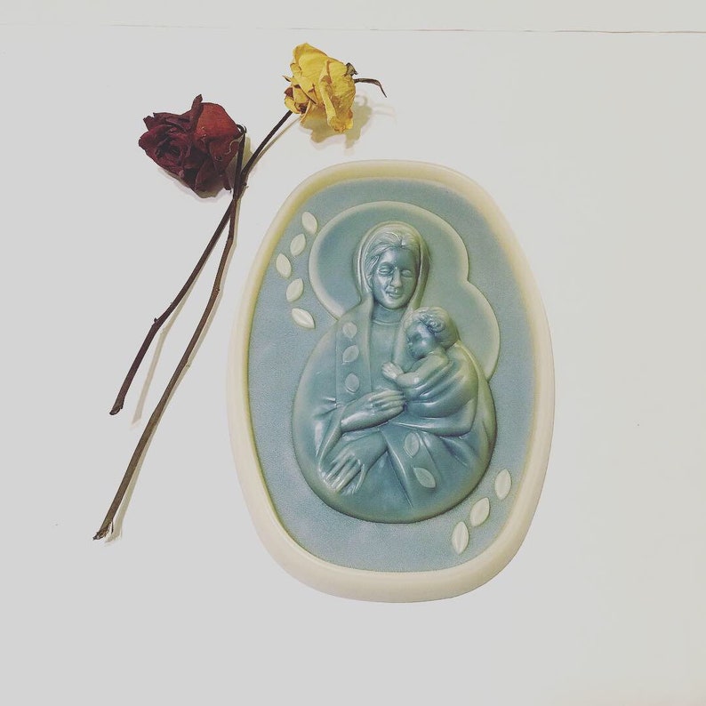 Vintage 50s Frosted Blue & Off-White Plastic Virgin Mary image 0