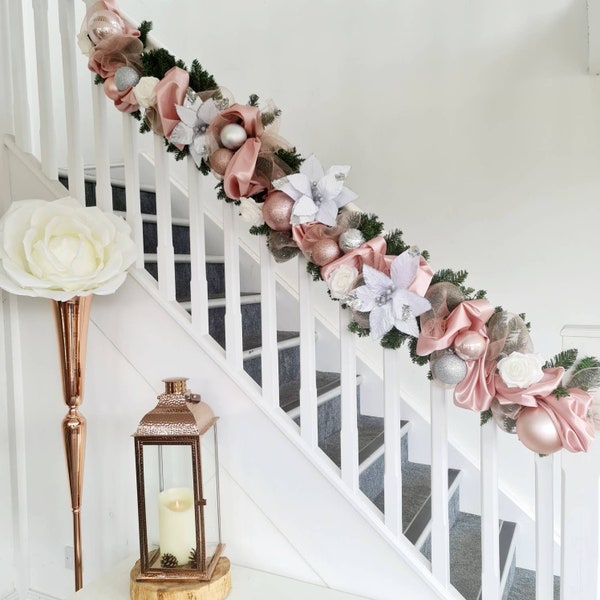 Luxury Staircase Garland, Christmas Garland, Satin Bow, Christmas decorations, rose gold decorations