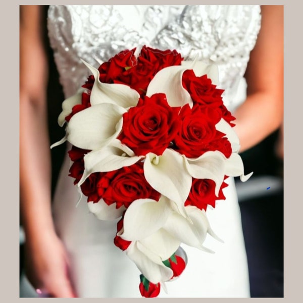 Wedding Flowers Bridal Ivory calla Lily  & Red Rose  - Waterfall Teardrop  Cresent Bouquet Bridesmaids Handtie posy Bouquet  Collection