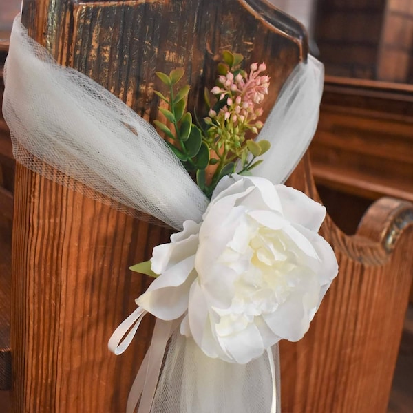 Tulle Wedding Church Tulle Pew Ends decoratie Peony Flower ~ gangpadmarkering ~ stoelbloemen
