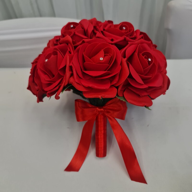 Artificial Red Rose Cascade Wedding Flower Bouquets with Ribborn