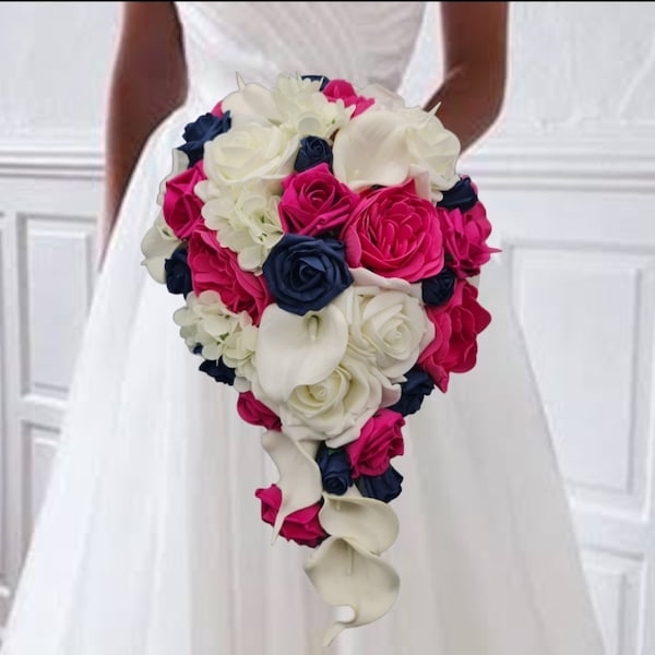 Fuchsia Magenta pink   and Navy Rose,  Hydrangea, Calla Lily  Bride  Bridesmaids Bouquet, wedding flowers, buttonhole