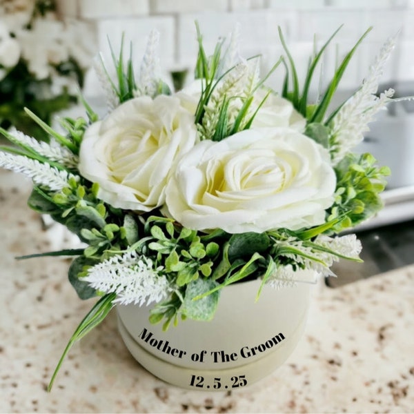Gift for Mum, Hat Box Artificial Flower Bouquet arrangement,  Birthday gift White Flowers, Thank you wedding flowers