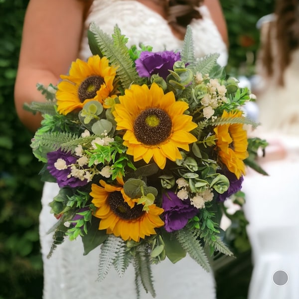 Yellow Sunflower Rose and  purple lisianthus    Bride  Bridesmaids Handtie posy Bouquet, Wedding flowers, Flowergirl wand,  Buttonholes