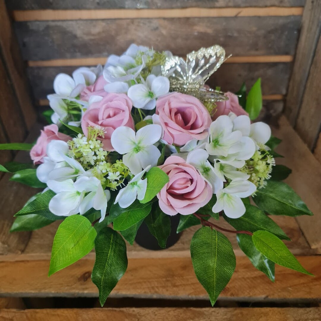 Grave Pot With Flowers. Artificial Flowers for Grave Side Cemetery