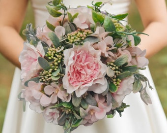 Blush Pink Peony and Hydrangea Bride  Bridesmaids Bouquet, wedding flowers, buttonhole