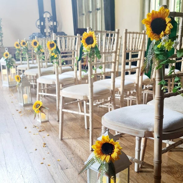 Sunflower aisle markers with satin ribbon Aisle decoration - Wedding Chair flowers - Chair swag - Pew flowers - Lantern  Flowers