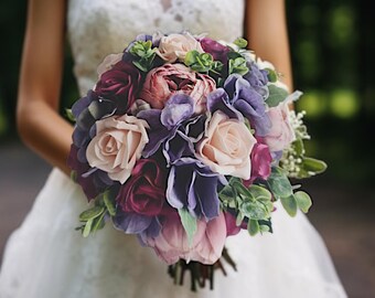 Wedding bouquet, Artificial Hydrangea, Peony and Rose , Plum Vintage Lilac Lavender flowers,  Boho Style wedding flowers, Bridesmaids,