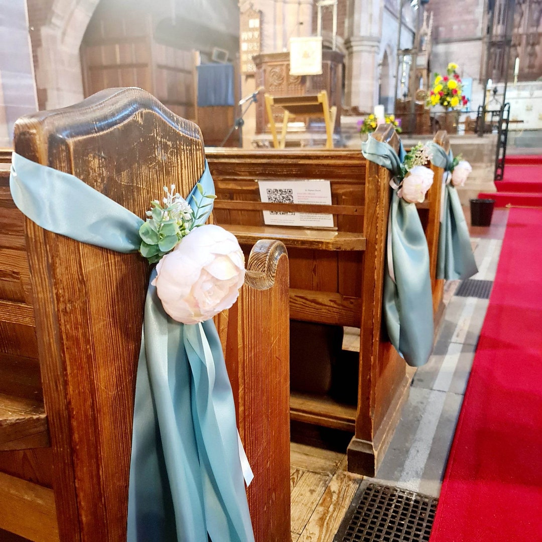 Vintage Sage Green Satin Wedding Church Tulle Pew Ends Chair Decoration ...