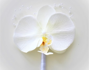 Pearl Ivory Orchid Buttonhole . Flower. Pin . Wedding . Boutonniere. Corsage Artificial