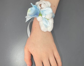 Mini Flower Girl Wrist corsage with Teddy and flower, Flower girl gift