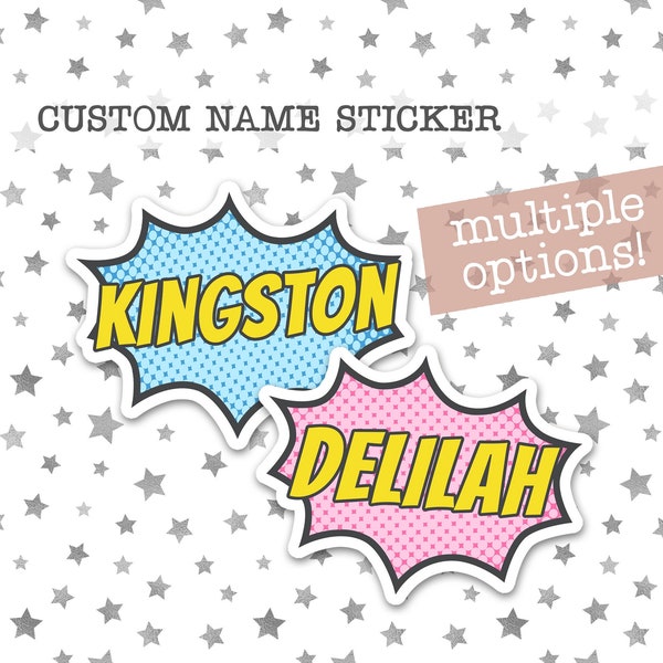 Custom Name Sticker, Superhero Sticker, Comic Book, kids water bottle sticker, personalized kids sticker, laptop sticker, name decal label