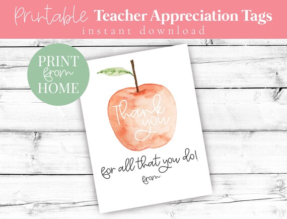 Apple Teacher Thank You Printable Tags Teacher Appreciation | Etsy