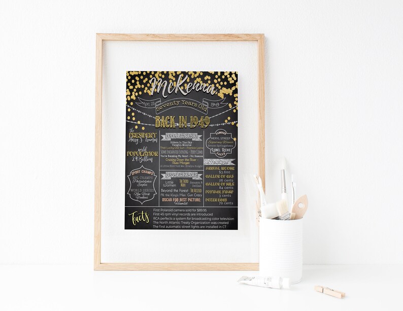 70th Birthday Poster 1949 birthday Customized Digital File Black Gold Confetti Seventy Years Old 70th birthday her 70th