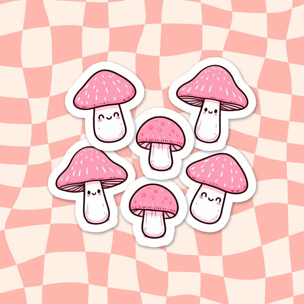 Pink Mushroom sticker pack, set of 6, mushroom stickers, trendy cute stickers, waterbottle stickers, laptop stickers, aesthetic stickers