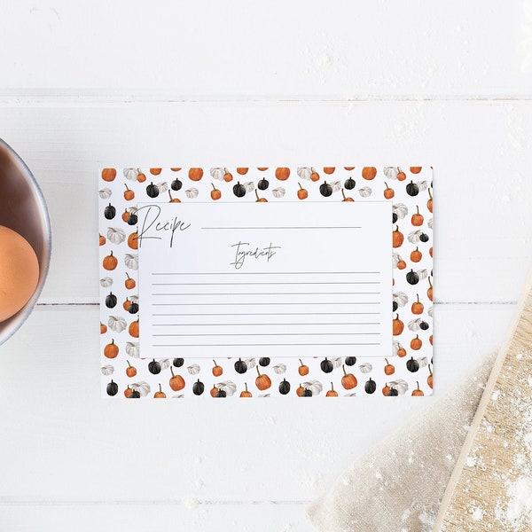Pumpkin Spice Printed Recipe Cards (Set of 25) Thanksgiving | Fall | Fall Bridal Shower | Housewarming Gift |Orange Black White Pumpkin Card