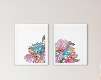 Watercolor Floral Wall Art Set of 2 | Floral Print Set | Bedroom Wall Decor | Muted Colors | Wildflower Bouquet | Diptych Art Work | Florals