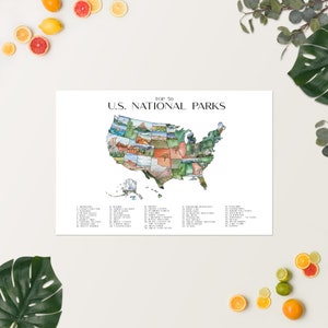US National Parks Aquarell Karte Poster | Aquarell US Nationalpark| 50 Nationalpark-Karte | Nationalpark Karte | Aquarell Reise USA Landkarte