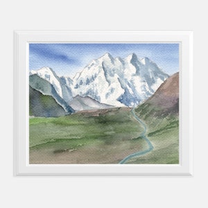 Impresión artística del Parque Nacional Denali / Arte mural de Alaska / Pintura de acuarela de montaña nevada / Arte mural de viaje por Denali / Decoración de cabañas / Impresión de Alaska