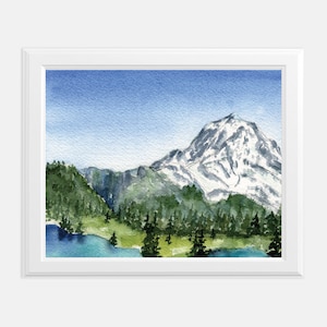 Impression d'art à l'aquarelle du parc national du Mont Rainier | Art de Washington | Aquarelle paysage du mont Rainier | Art mural des parcs nationaux des États-Unis | Art PNW