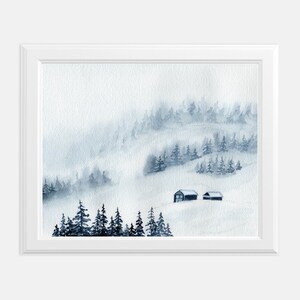 Watercolor Misty Snowy Mountain with Christmas Trees | Foggy Forest | Pine Tree Winter Landscape Wall Art | Winter Trees  | Snowy Watercolor
