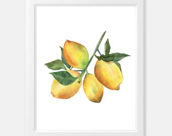 Watercolor Lemon Kitchen Wall Art | Citrus Fruit Botanical Watercolor Painting | Farmhouse Kitchen Art Decor | Lemon Illustration Summer