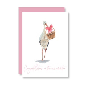 Neue Baby Mädchen Storch Grußkarte | Glückwunschkarte zum Baby Girl | Aquarell Storch | Erwartetes Baby | Baby-Dusche-Karte |Storch-Baby-Karte