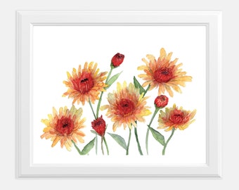 Orange Fall Flower Watercolor Wall Art | Chrysanthemums Art | Fall Yellow Mums | Fall Wall Art Decor | Autumn Wall Art | Farmhouse Country