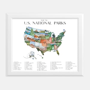 Watercolor US National Park Map 11x14 | 50 National Park Map | Hiking | National Park Map | Watercolor Illustrated USA Map | USA Map Travel