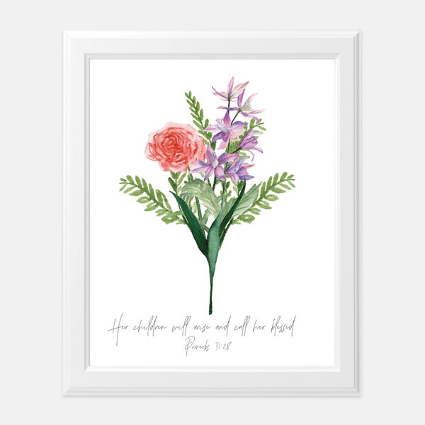 Custom Watercolor Birth Flower Bouquet Art Print | Personalized Mother's Day Gift | Birth Month Family Bouquet Art | Gift For Grandmother |
