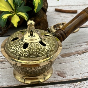 Brass Incense Burner with Lid and Wooden Handle: Loban Censer