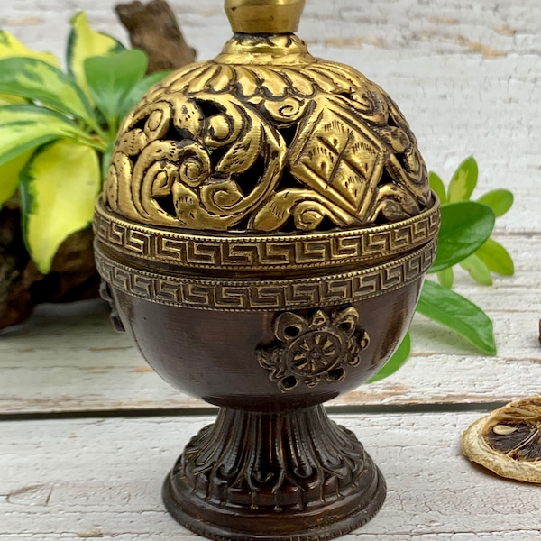 Golden Copper Tibetan Incense Burner Pedestal | Antique Tibetan Burner | Tibetan Cooper Burner | Tibetan Burner | Charcoal Burner