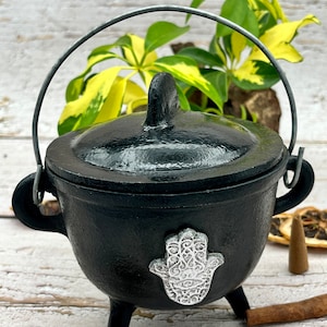 Cast Iron Cauldron with Lid | Flower of Life Cauldron | Hamsa Hand Cauldron | Triple Moon Cauldron | Pentacle Cauldron | Size 5&quot;H, 4.5&quot;D