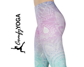 Verträumte Ombre Mandala Print Capris - Weiche, lässige Yoga-Hose, ethnisches Tribal-Design, leichte Capri-Leggings für Frauen von Comfy Yoga