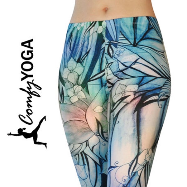 Dreamy Floral Print Capris - Mystical Enchanted "Secret Garden" Print, Casual Yoga Pants, Lightweight Women's Capri Leggings, Comfy Yoga