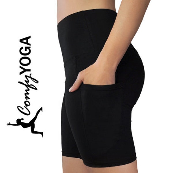 Short motard noir uni avec poches pour téléphone - Short de yoga taille haute - Shorty doux pour femme - Pantalon de yoga léger - Yoga confortable