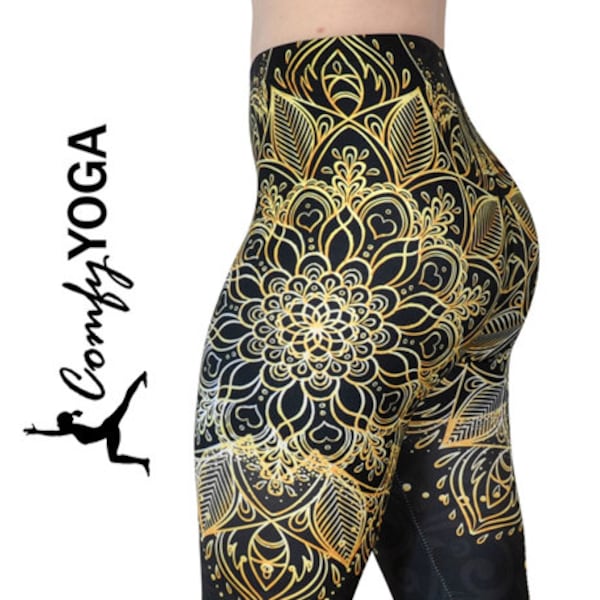 Mandala Print Capris - Casual Mid-Rise Yoga Pants, Soft Lightweight Women's Capri Leggings, Tribal Bohemian Print, Comfy Yoga "Royal Dancer"