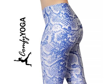 Snake Print Leggings - Casual Mid-Rise Tights - Faux Animal Print, Soft Lightweight Snake Skin Tights, Gray Blue, Comfy Yoga "Pretty Snake"