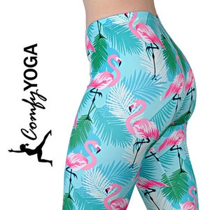 Cute Flamingo Print Leggings - Mid-Rise Graphic Casual Yoga Pants - Soft Lightweight Exotic Vacation Tights - Fun Tropical Bird, Comfy Yoga