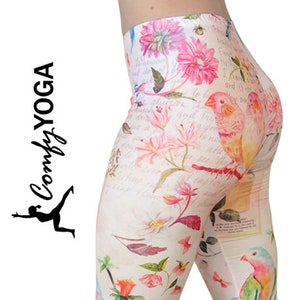Leggings florais de primavera, estilo vintage europeu romântico, pássaros, flores e caligrafia – meia-calça com estampa casual, ioga confortável "Cartas de Paris"